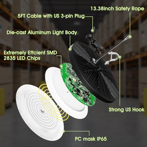 LED High Bay Shop Lights: 300W 5000K AC110V-130V with US Plug - 30000 LM Commercial Bay Lighting for Barn Warehouse Garage(4 Pack)