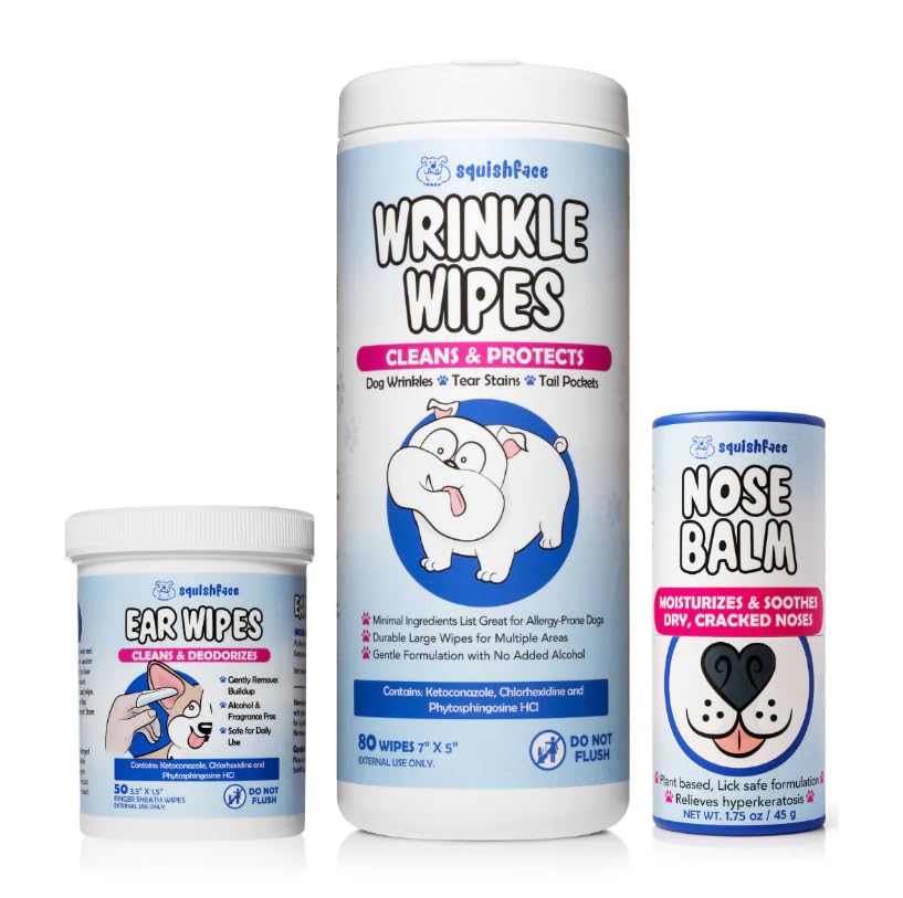 Squishface Wrinkle Wipes + Ear Wipes + Nose Balm Bundle - Nose to Tail Clean for Any Dog!