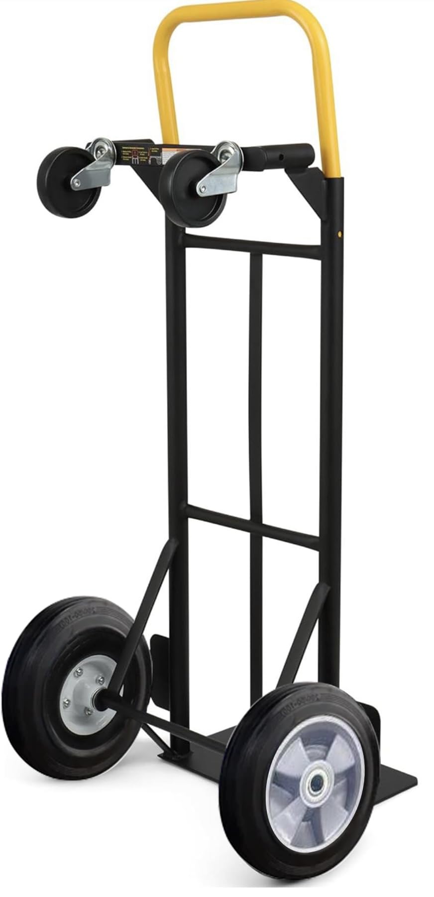 Simpli-Magic 800 lb Capacity 2 in 1 Convertible Hand Truck and Dolly with 10" Flat Free Rubber Wheels,Black with Yellow Handle.