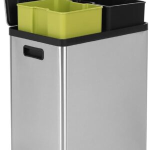 SIMPLI-MAGIC 60 Liter / 16 Gallon Rectangular Hands-Free Dual Compartment Recycling Kitchen Step Trash Can with Soft-Close Lid, Brushed Stainless Steel (30L x 30L Capacity)