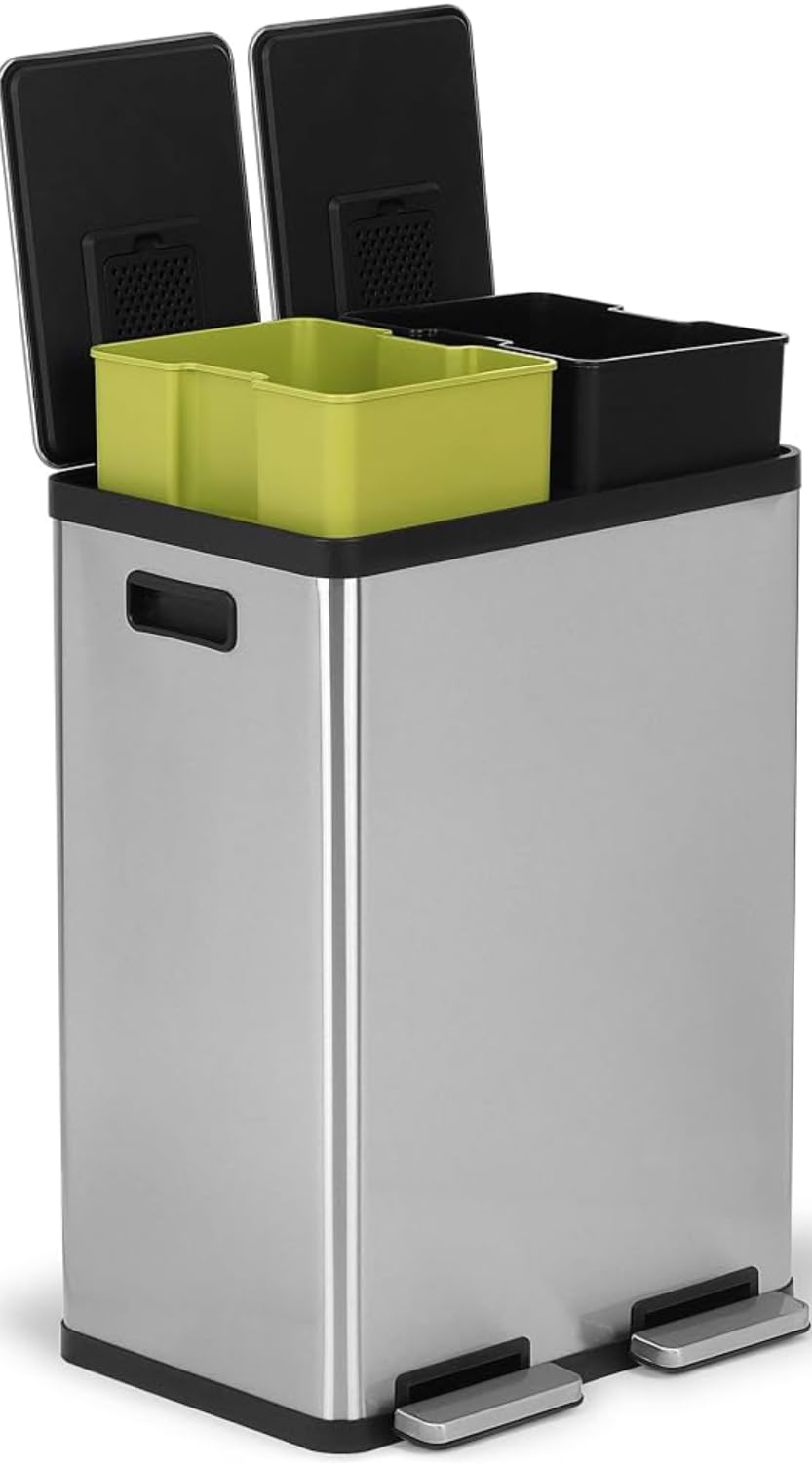 SIMPLI-MAGIC 60 Liter / 16 Gallon Rectangular Hands-Free Dual Compartment Recycling Kitchen Step Trash Can with Soft-Close Lid, Brushed Stainless Steel (30L x 30L Capacity)