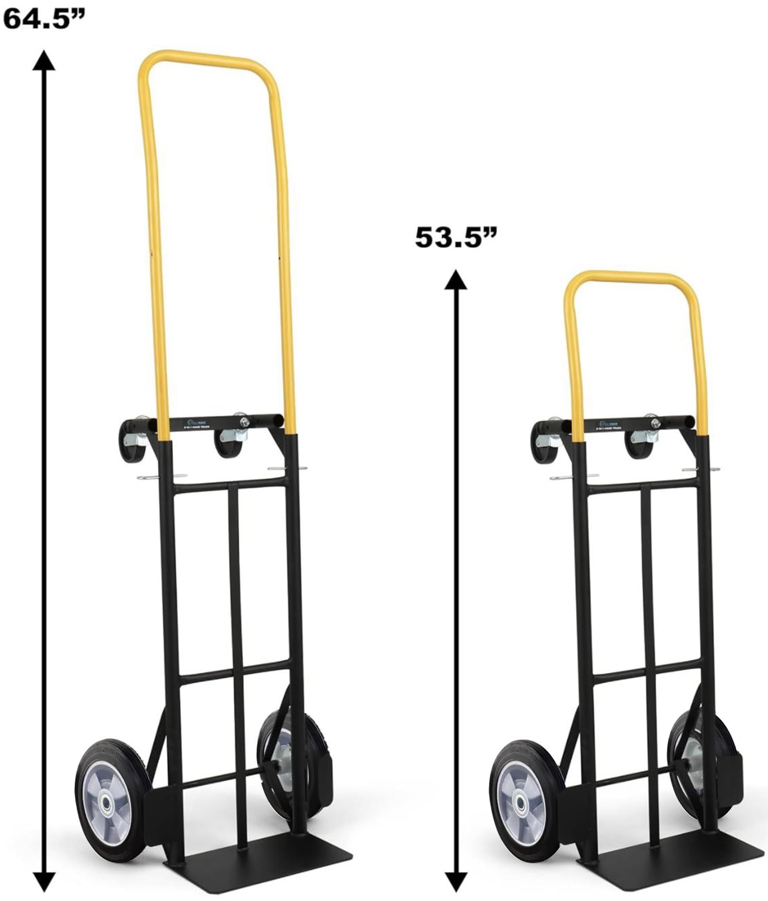 Simpli-Magic 800 lb Capacity 2 in 1 Convertible Hand Truck and Dolly with 10" Flat Free Rubber Wheels,Black with Yellow Handle.