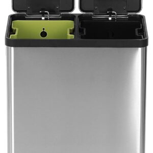 SIMPLI-MAGIC 60 Liter / 16 Gallon Rectangular Hands-Free Dual Compartment Recycling Kitchen Step Trash Can with Soft-Close Lid, Brushed Stainless Steel (30L x 30L Capacity)