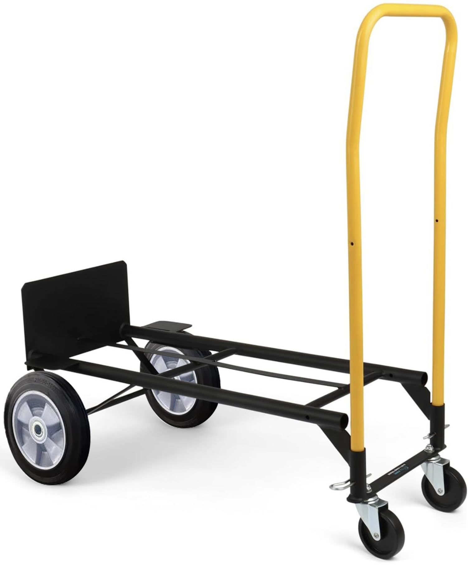 Simpli-Magic 800 lb Capacity 2 in 1 Convertible Hand Truck and Dolly with 10" Flat Free Rubber Wheels,Black with Yellow Handle.