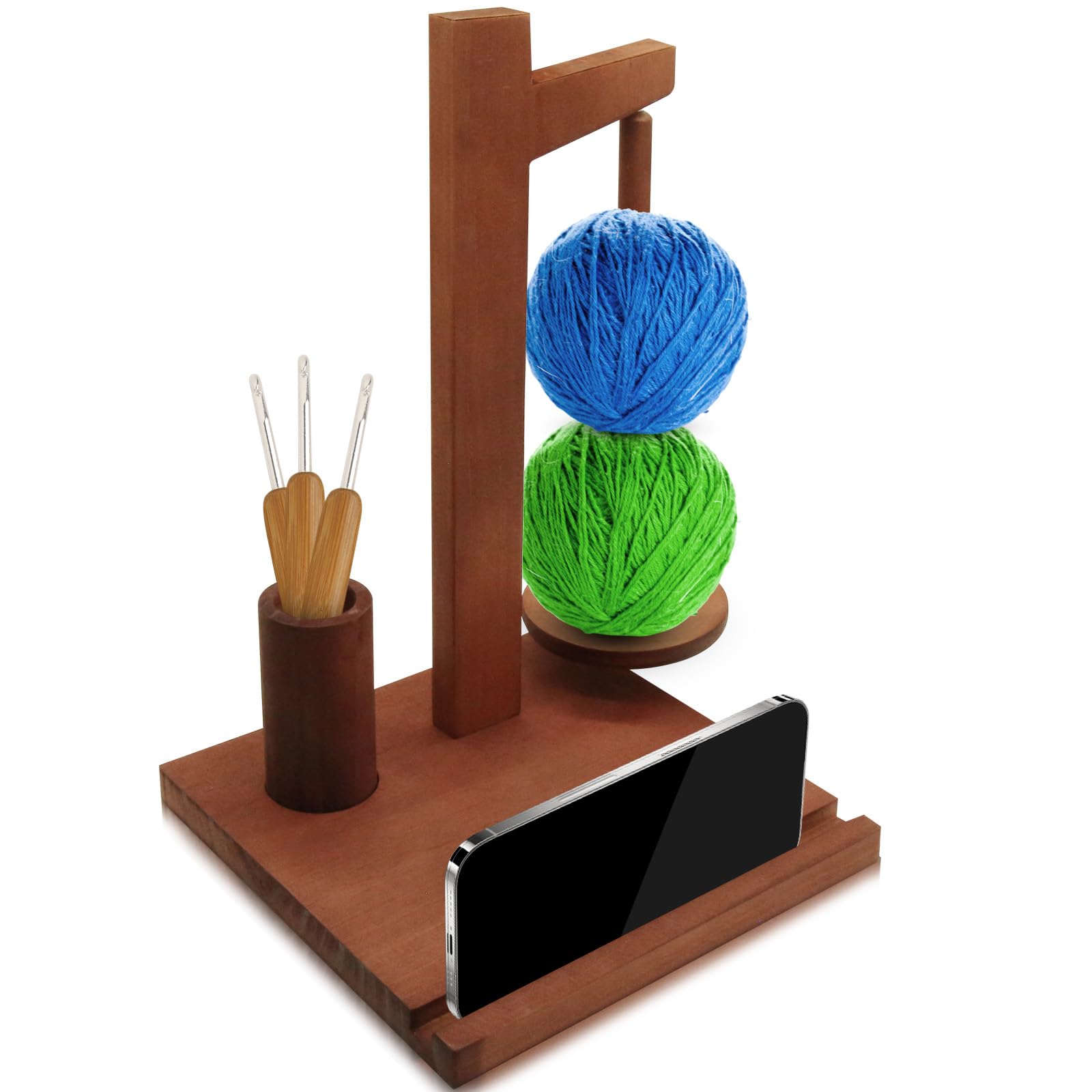 Yarn Holder for Crocheting Knitting with Phone Stand, Wooden Crochet Yarn Holder with Spindles Yarn Ball Holder Spinner Accessories, Yarn Spinner Gifts for Crocheting Knitting Lovers Beginners