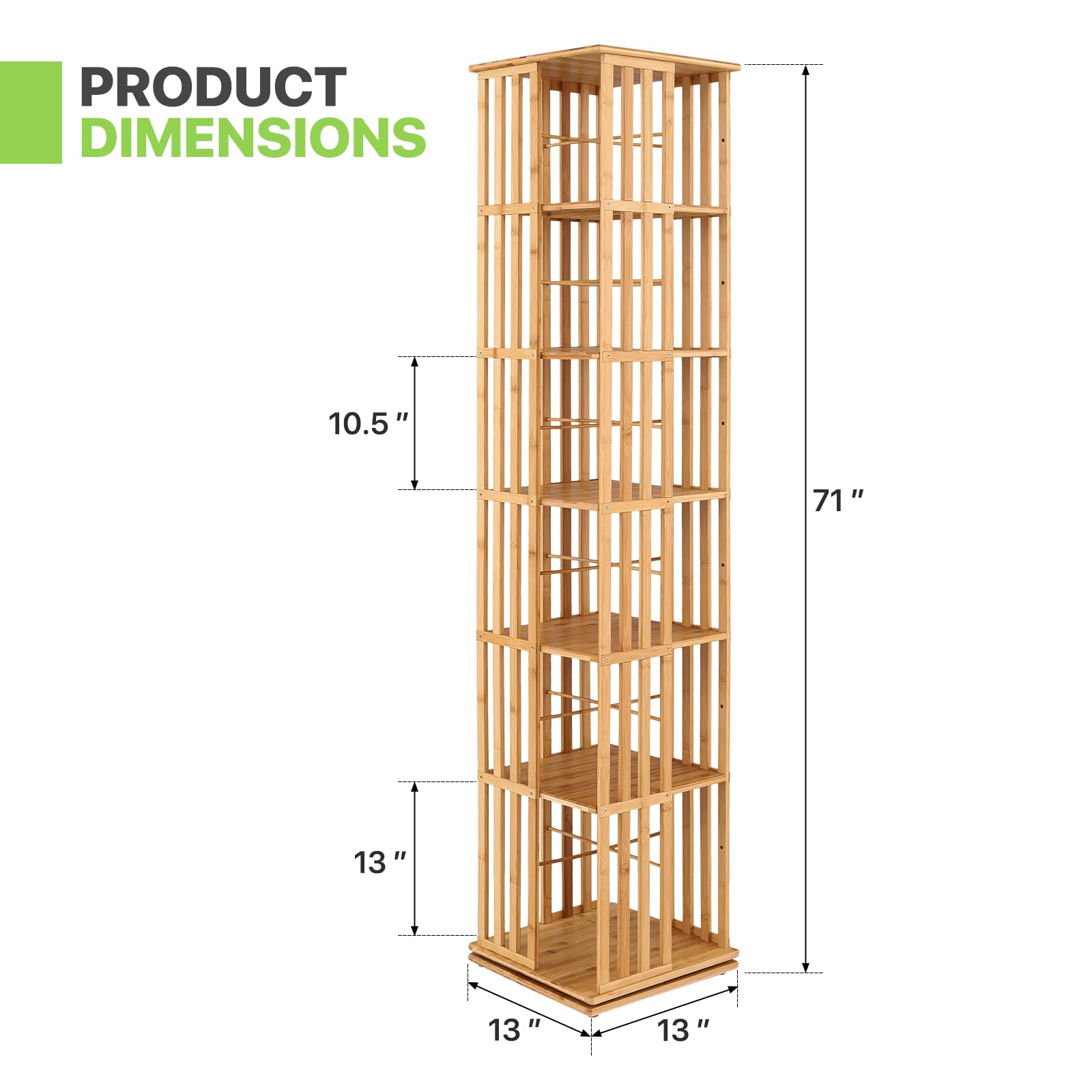 Magshion Rotating Bookcase 6-Tier Corner Shelf Bamboo Media Storage, 71" High Revolving Floor Standing Storage Organizer for Living Room, Natural