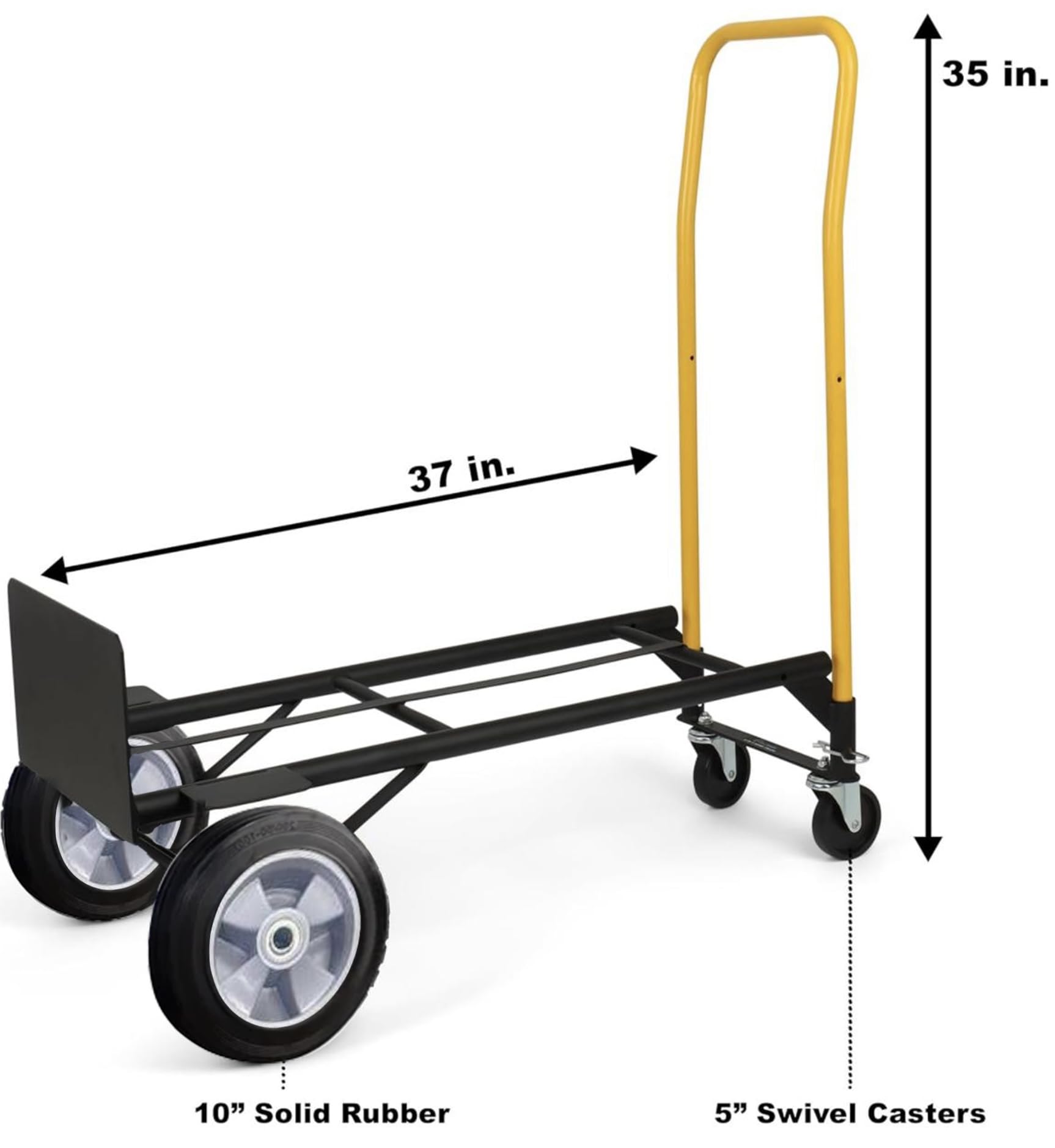 Simpli-Magic 800 lb Capacity 2 in 1 Convertible Hand Truck and Dolly with 10" Flat Free Rubber Wheels,Black with Yellow Handle.