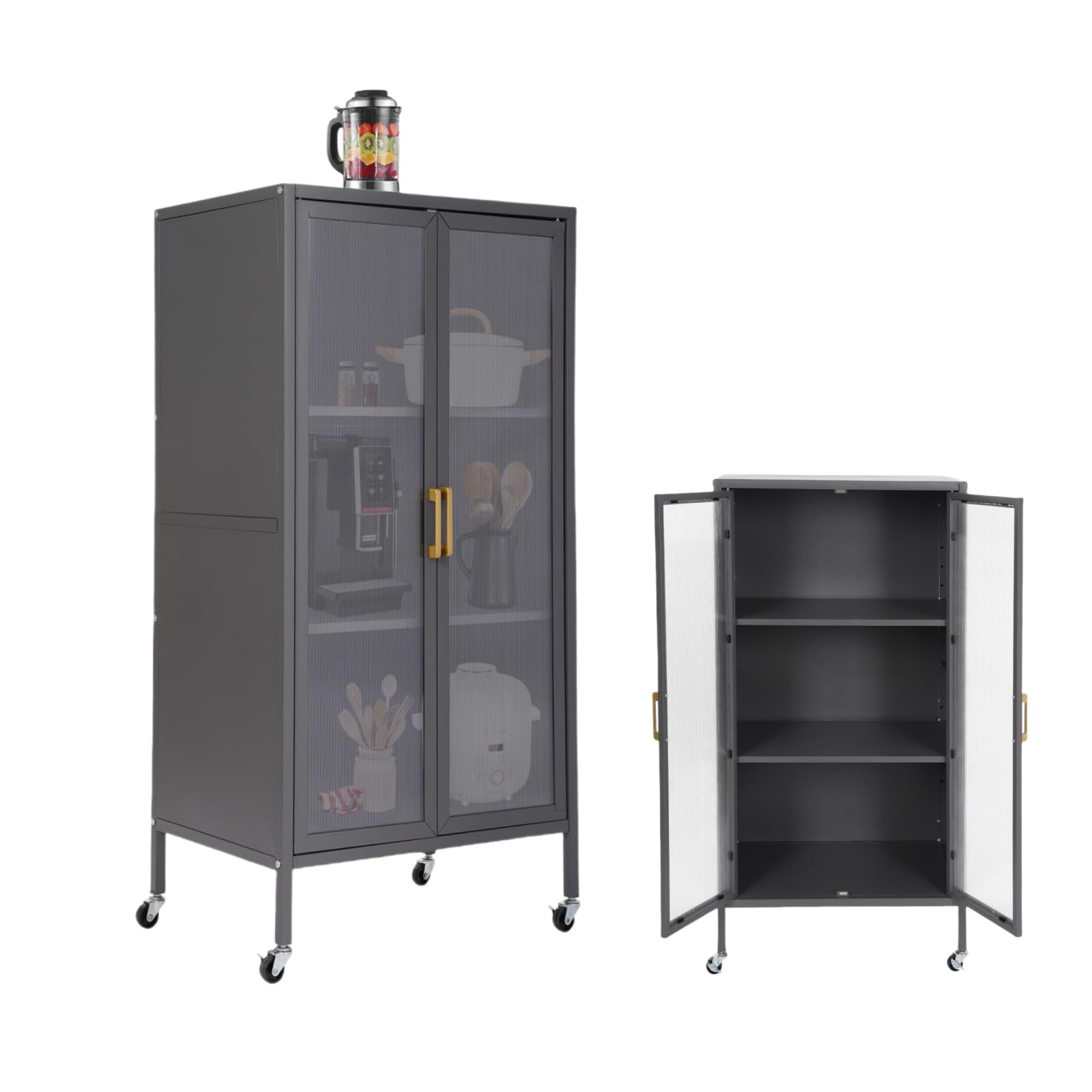 4-Tier Kitchen Storage Cabinet, Freestanding Metal Microwave Stand on Wheels, Mobile Kitchen Shelves with Transparent Door & 4 Rolling Wheels for Dining Room, Living Room (Grey, 23.6 inches wide)