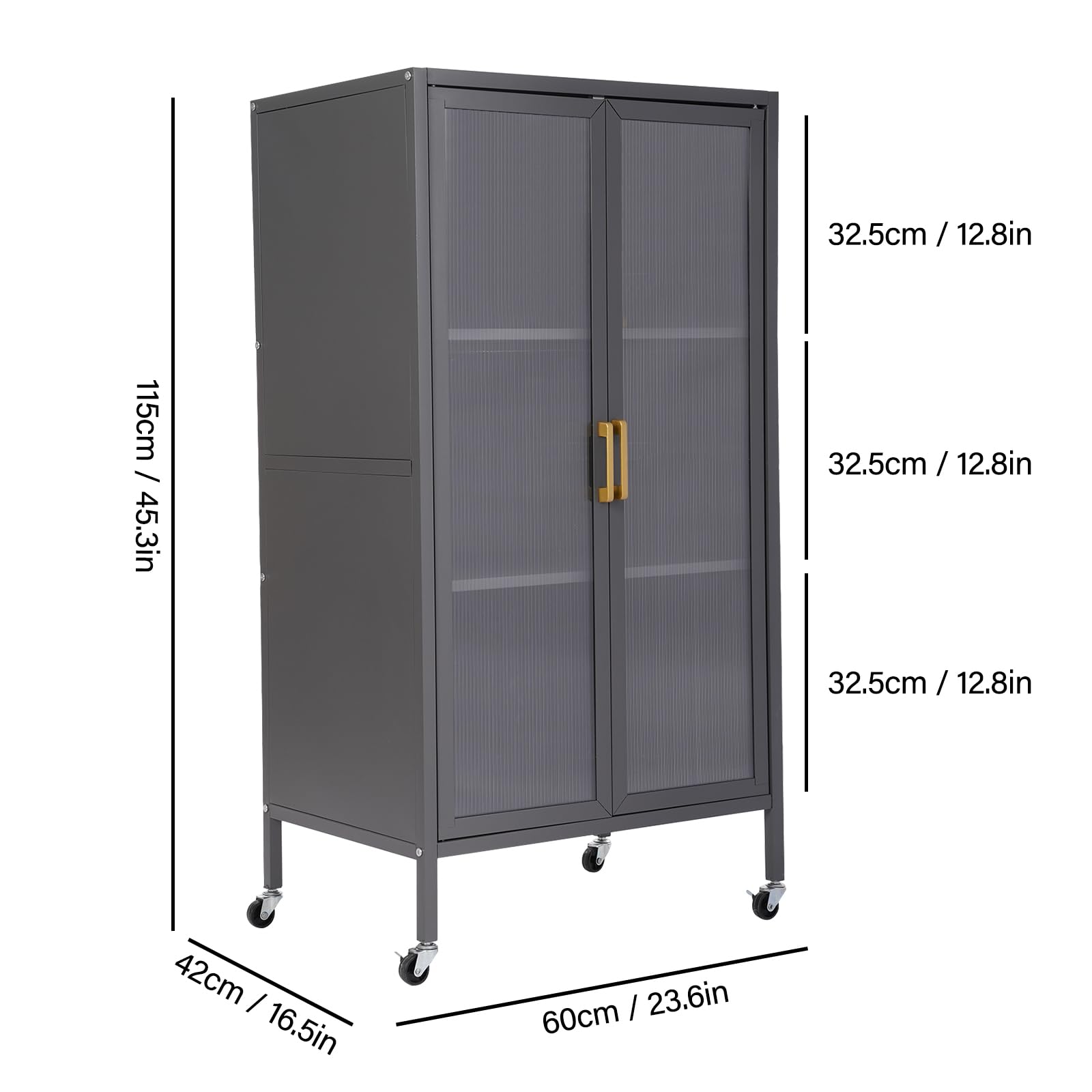 4-Tier Kitchen Storage Cabinet, Freestanding Metal Microwave Stand on Wheels, Mobile Kitchen Shelves with Transparent Door & 4 Rolling Wheels for Dining Room, Living Room (Grey, 23.6 inches wide)