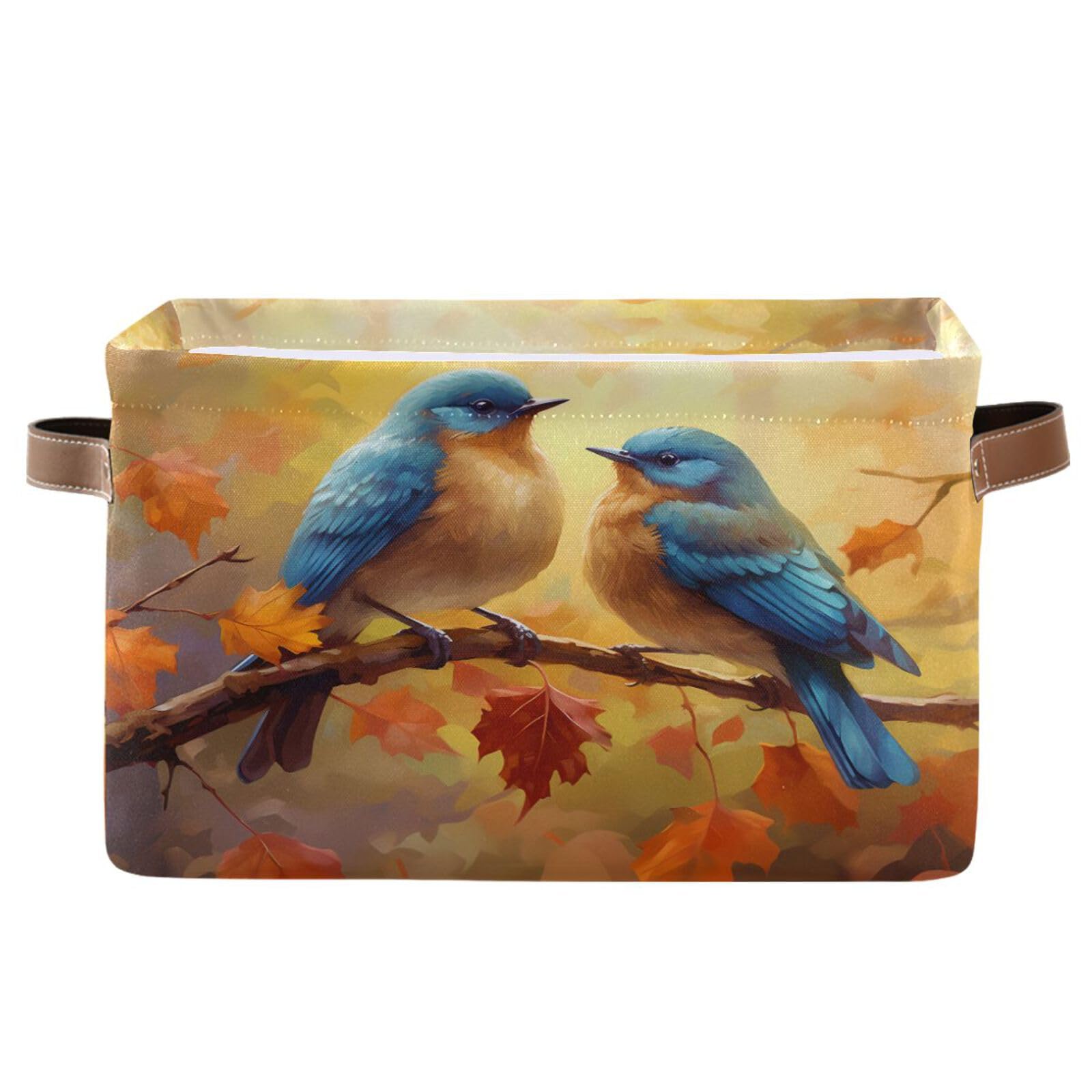 Large Storage Basket Blue Birds Autumn Storage Bin Cube Canvas Fabric Organizer Handles Collapsible for Clothes Toys Bedroom Decorative