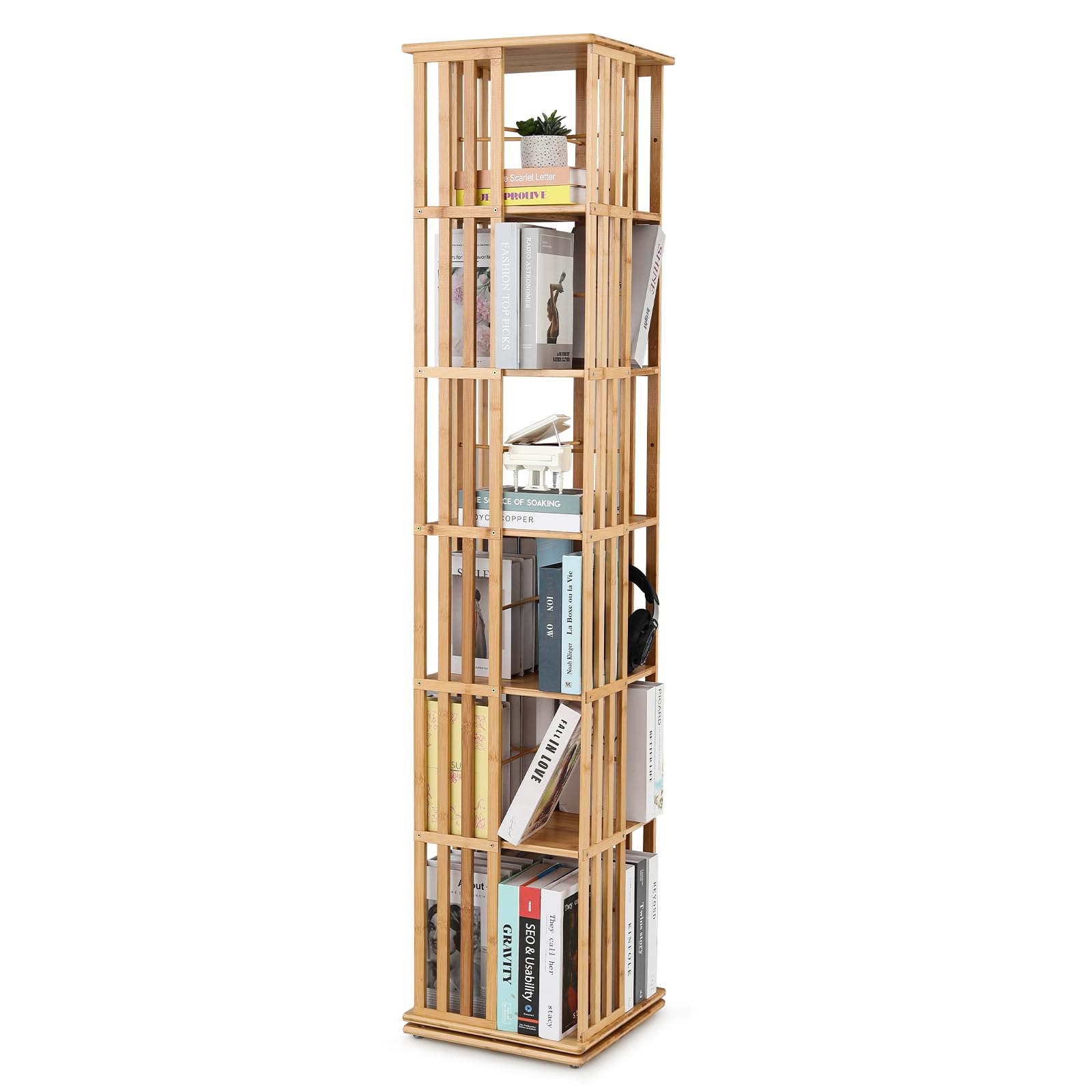 Magshion Rotating Bookcase 6-Tier Corner Shelf Bamboo Media Storage, 71" High Revolving Floor Standing Storage Organizer for Living Room, Natural