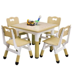 MilleLoom Kids Table and Chairs, Height Adjustable Children Table with 4 Chair Set, Kids Tables for Age 2-10, Graffiti Desktop, Children Multi-Activity Table for Classrooms,Daycares,Home