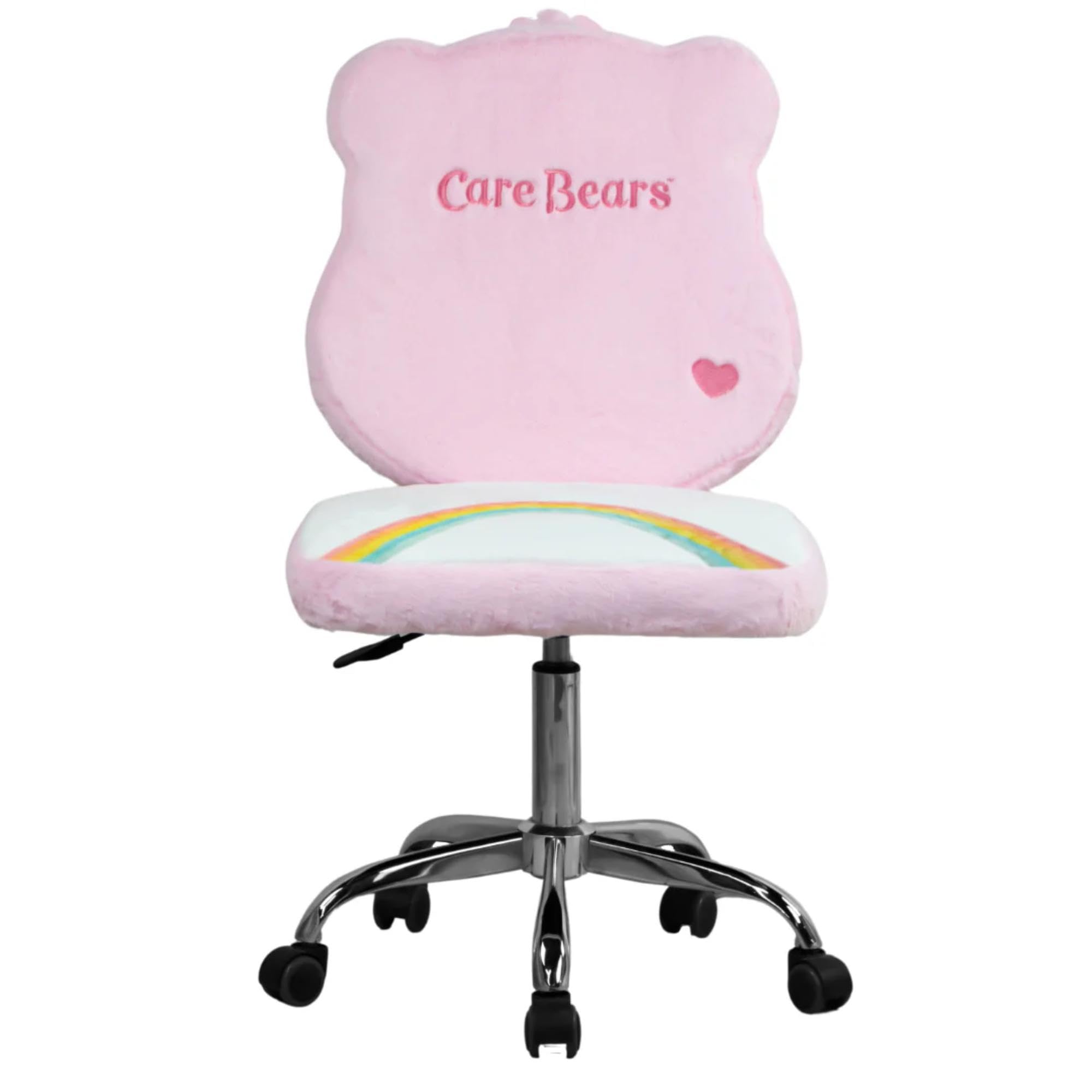 Impressions Vanity Care Bears Cheer Bear Swivel Vanity Chair for Bedroom, Armless Makeup Desk Chair with Wheels, Adjustable Height, Soft Teddy Fur Fabric and Comfy Foam Padded Seat