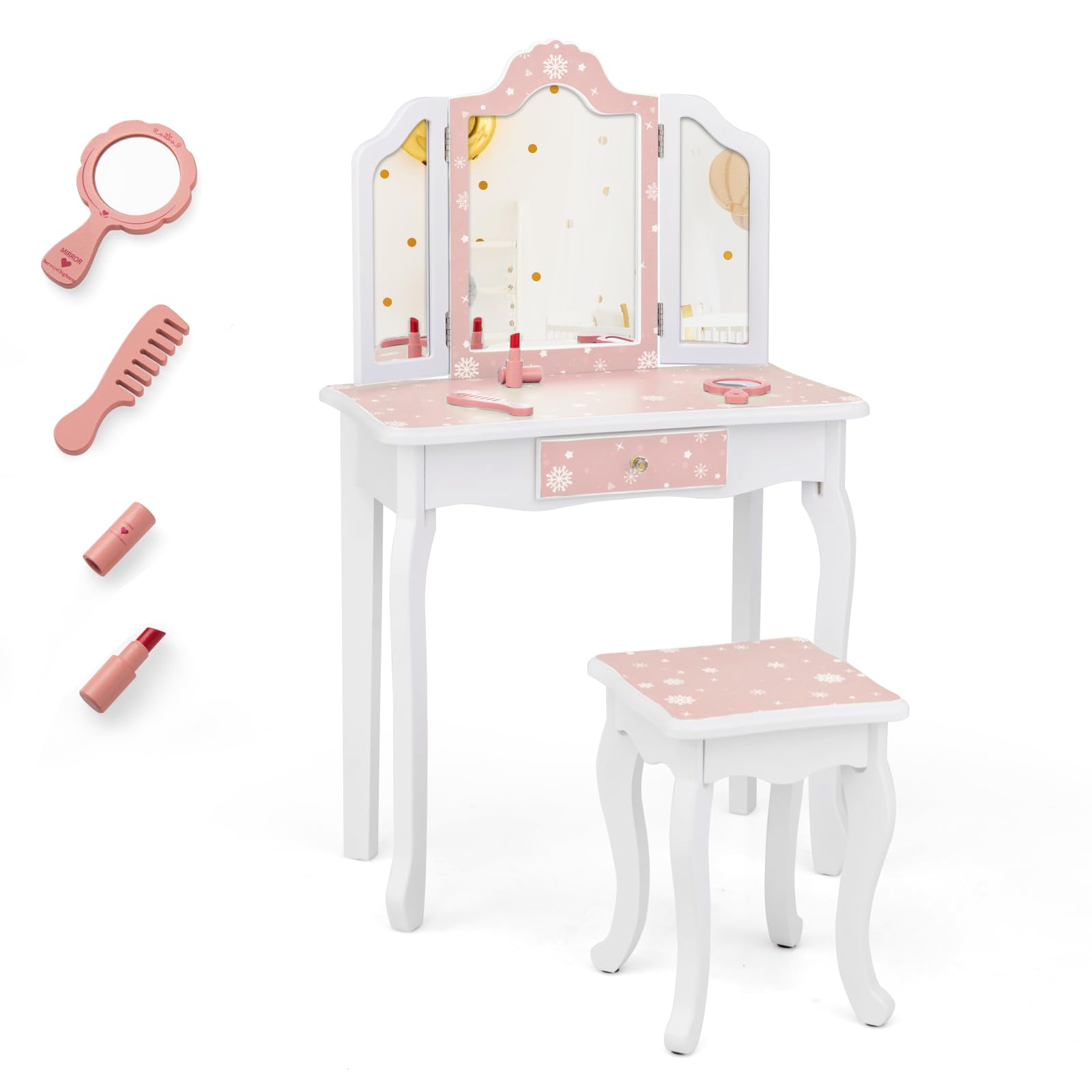 GLACER Kids Vanity Set, 2-in-1 Princess Makeup Table with Stool, Detachable Tri-fold Mirror and Large Drawer, Wooden Pretend Play Kids Vanity Table and Chair Set for Girls (Pink Snowflake Print)