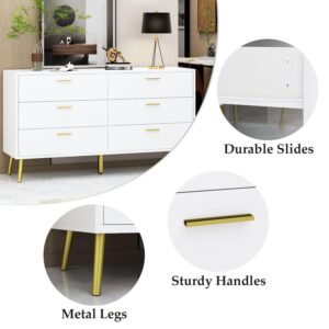 TAMUNE 54” 6 Drawer Dresser, Modern 6-Drawer Chest with Gold Metal Handles, Bedroom Dresser with Gold Metal Legs, for Living Room Entryway White (54”W x 15.7”D x 30.1”H)