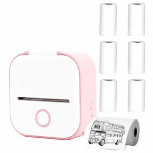 thermarote mini printer, portable mini pocket sticker printer, thermal printer inkless sticker maker machine pocket, t02 sticker printer for work, plan, notes (pink)