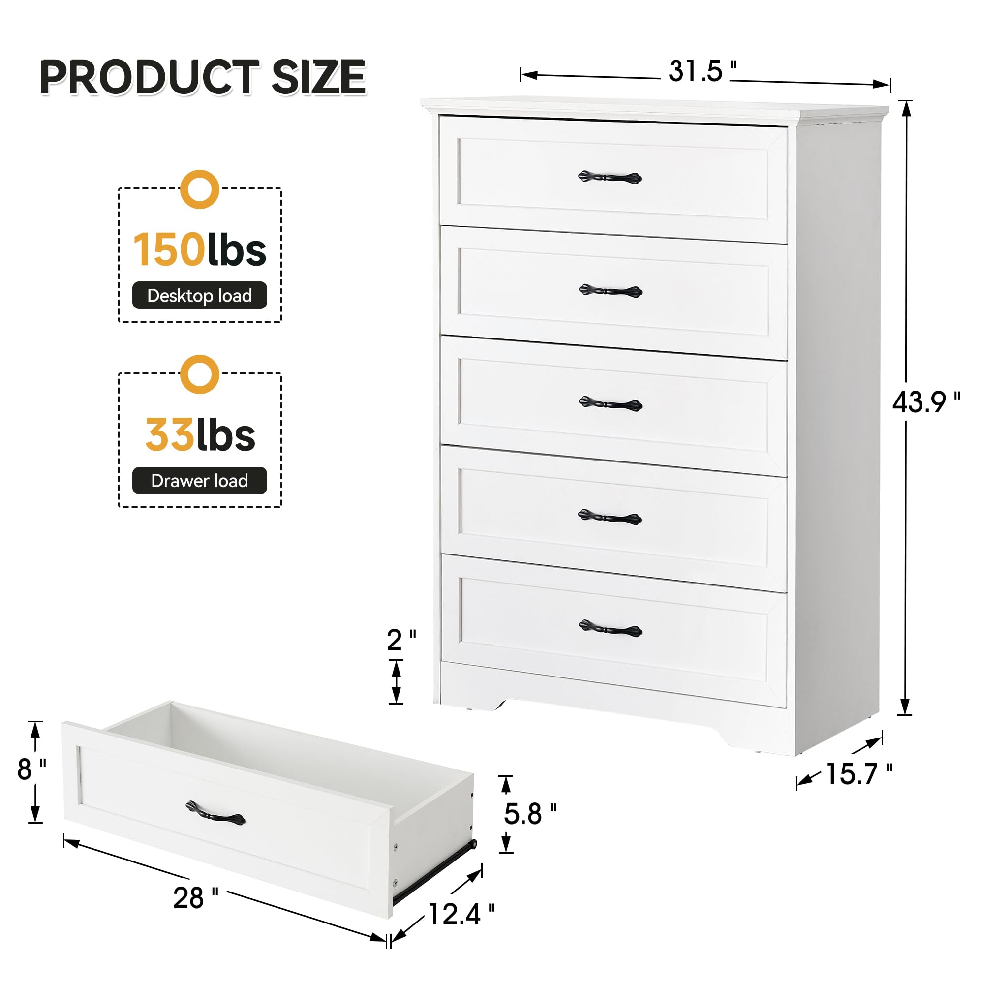 IDEALHOUSE Modern 5 Drawers Dresser, Chest of Drawers Closet Organizers and Storage Clothes, Modern Dressers for Closet Living Room, Kids Bedroom (5 Drawers Dresser, White)