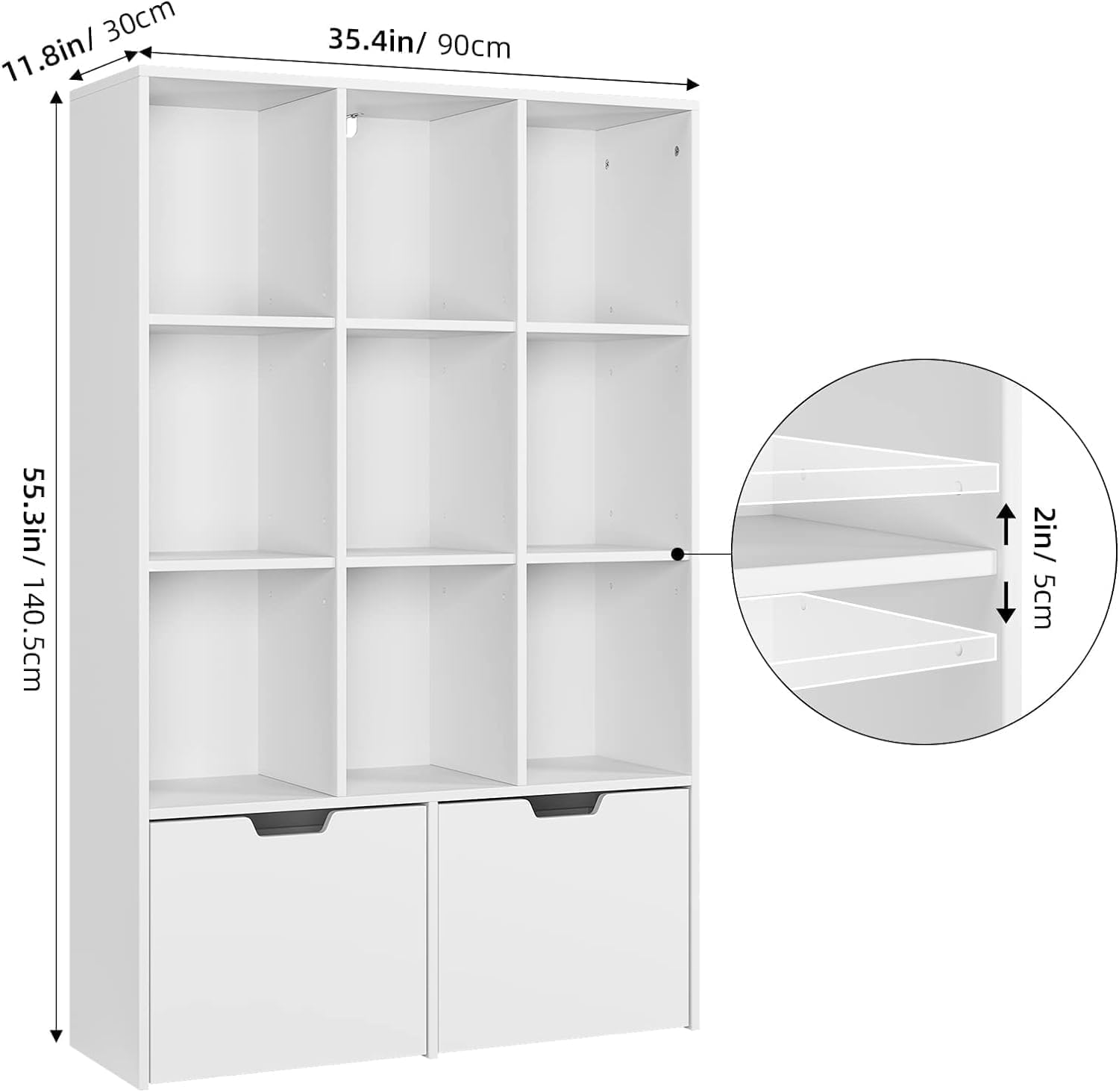 ELETHEBIA Bookcases Storage Organizer, 9 Cube Storage Organizer with 2 Drawers and 9 Open Freestanding Shelf, White Wood Bookshelf for Kids Room, Living Room, Office, Bedroom