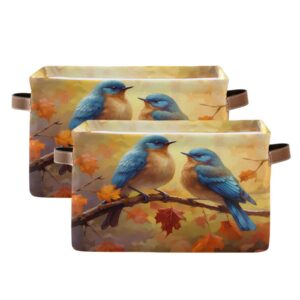 Large Storage Basket Blue Birds Autumn Storage Bin Cube Canvas Fabric Organizer Handles Collapsible for Clothes Toys Bedroom Decorative