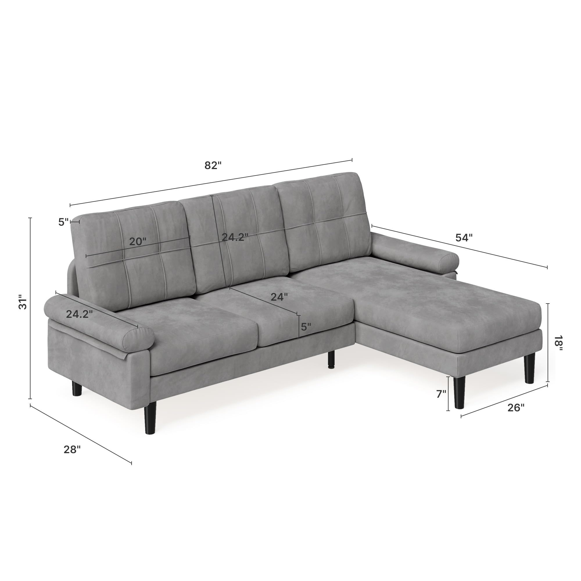 82" Convertible Sectional Sofa Couch, 3 Seat L Shaped Sofa with Soft Velvet, Modern Couches for Living Room, Apartment and Office, Dark Grey