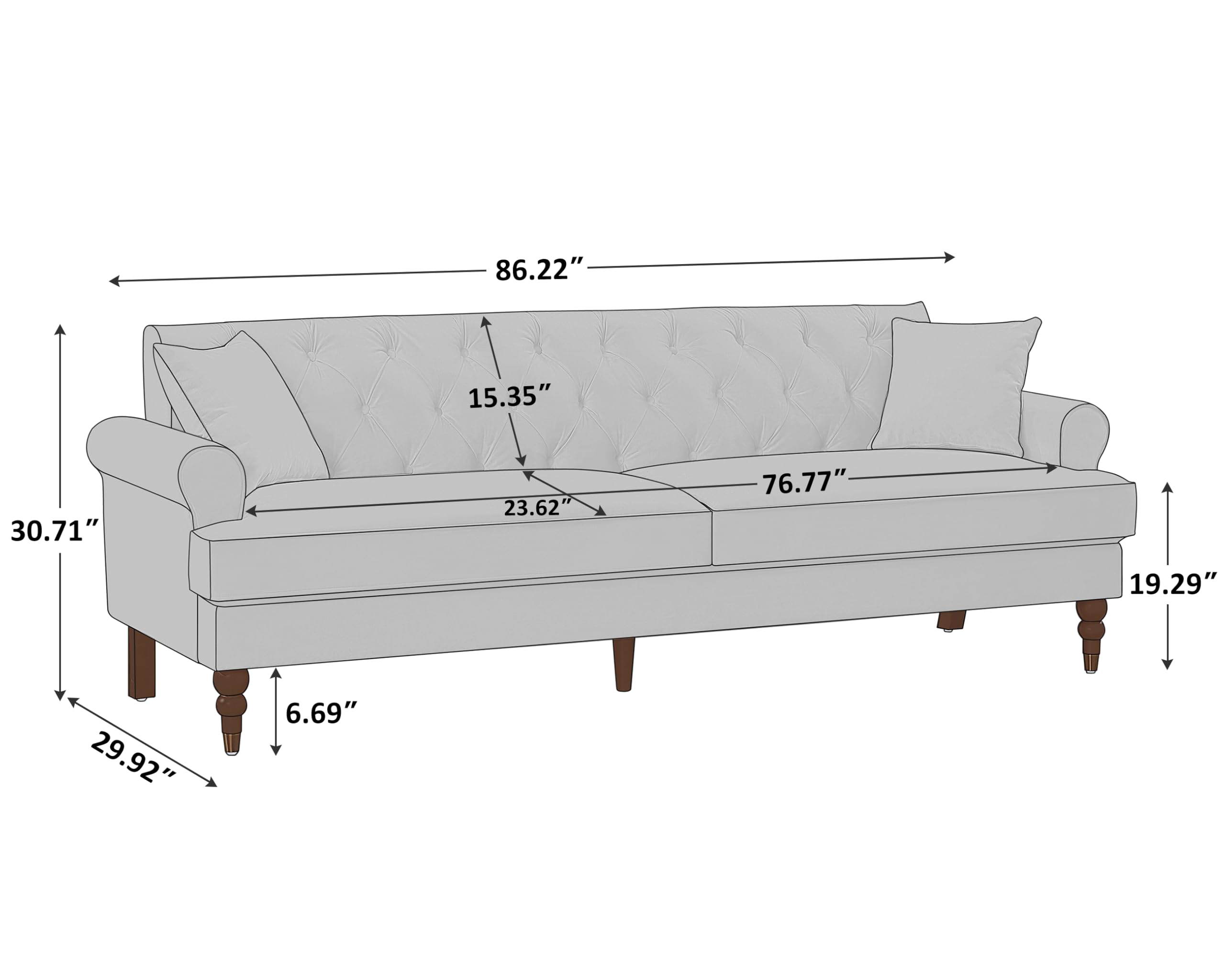 86" Velvet Sofa Couch, Mid-Century Modern Tufted Loveseat Sofa, 3 Seater Sofa Couches for Living Room, Comfy Couch Modern Sofa with Upholstered Cushion, Small Couch for Bedroom Apartment Office