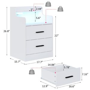 Nightstand with 2 Drawers, Nightstand Set of 2 with Led Light& Power Strip,15.7''Lx17.7''Wx26.8‘’H Night Stand for Bedroom,Bed Side Table with Charging Station,White