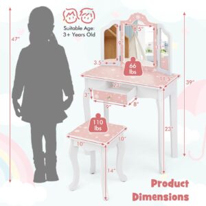 GLACER Kids Vanity Set, 2-in-1 Princess Makeup Table with Stool, Detachable Tri-fold Mirror and Large Drawer, Wooden Pretend Play Kids Vanity Table and Chair Set for Girls (Pink Snowflake Print)