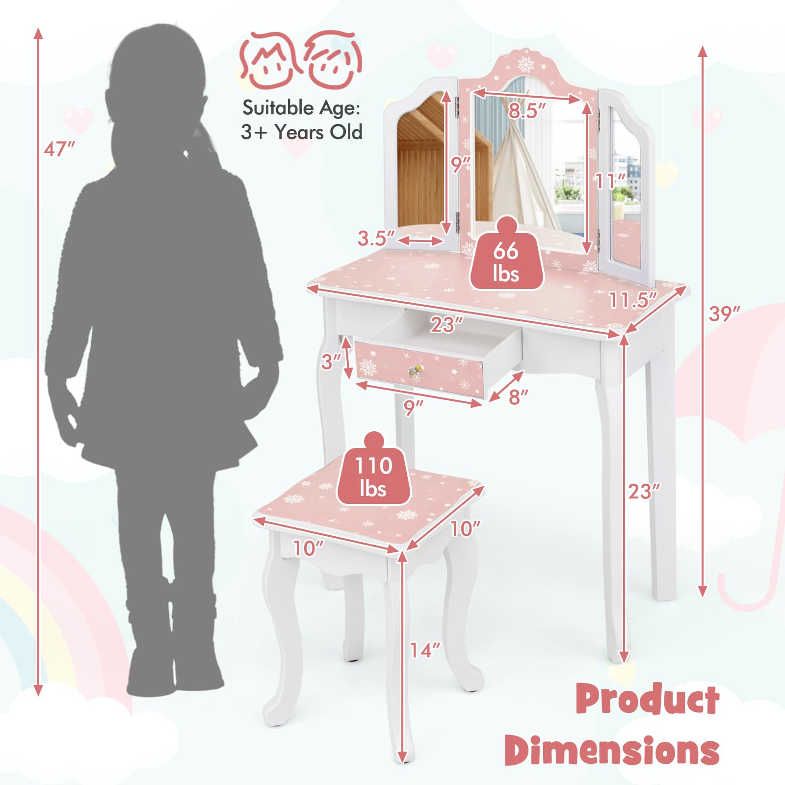 GLACER Kids Vanity Set, 2-in-1 Princess Makeup Table with Stool, Detachable Tri-fold Mirror and Large Drawer, Wooden Pretend Play Kids Vanity Table and Chair Set for Girls (Pink Snowflake Print)