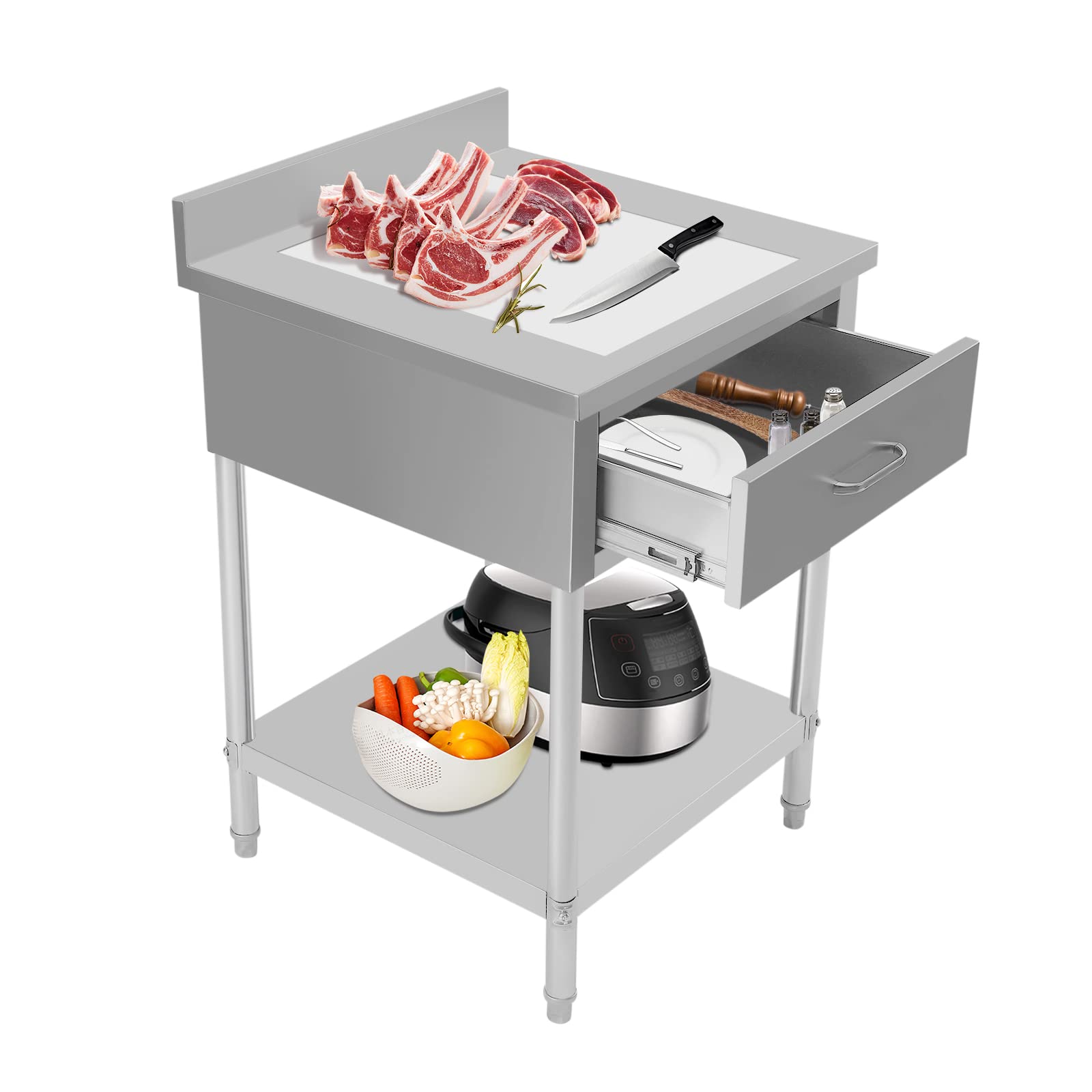 CUBELLIN Commercial Food Prep Workstation 24" X 24" Stainless Steel Kitchen Work Table with Drawer & Backsplash Heavy Duty Worktable Workstation Adjustable Feet Height Workstation