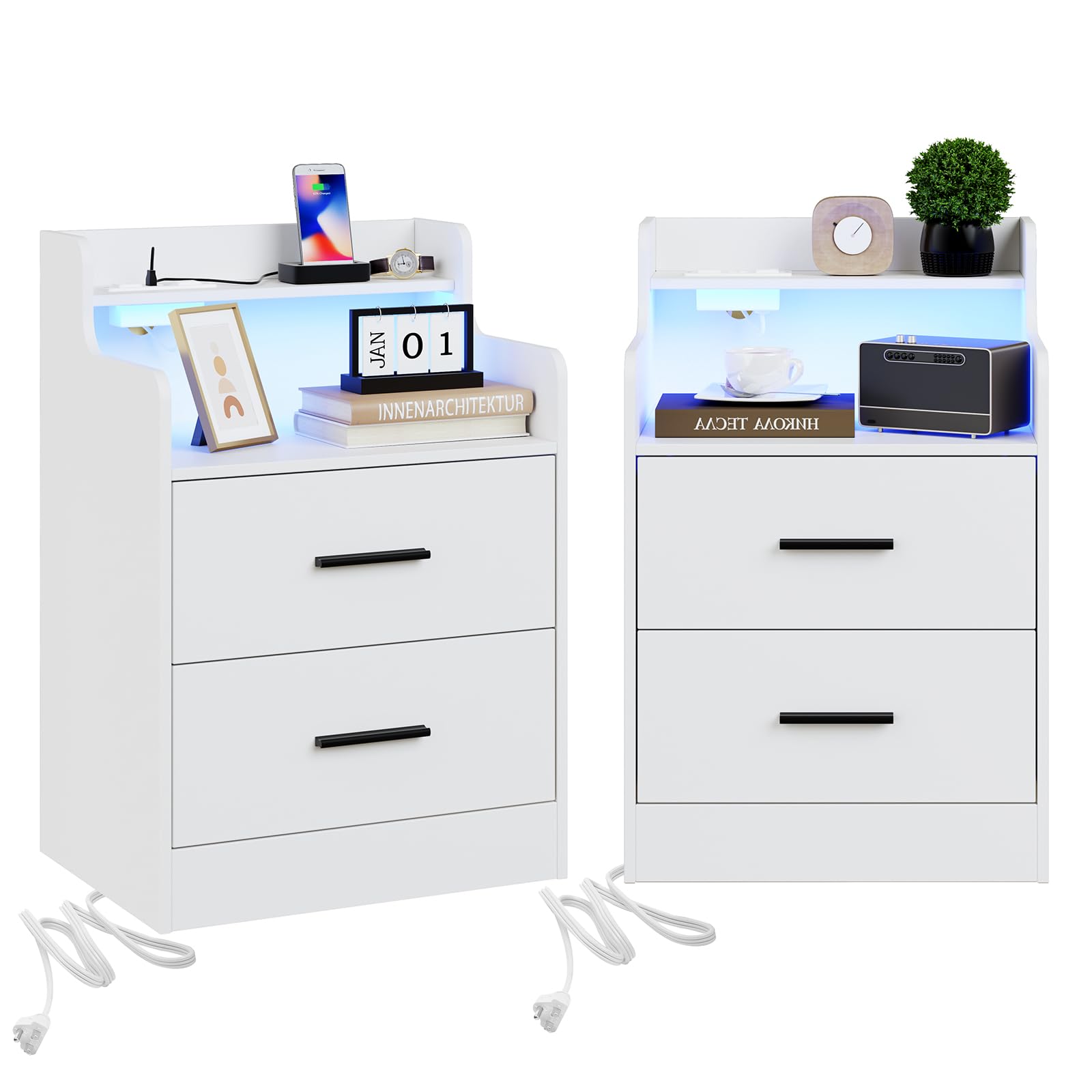 Nightstand with 2 Drawers, Nightstand Set of 2 with Led Light& Power Strip,15.7''Lx17.7''Wx26.8‘’H Night Stand for Bedroom,Bed Side Table with Charging Station,White