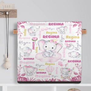 XIOBODR Personalized Storage Bin, Cute Elephant Clouds Text Pink Custom Name Storage Baskets for Organizing with Handles, 13 x 13 Inch Collapsible Storage Box for Closet Cloth Baskes Toy