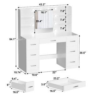 Acurax Vanity Desk with Mirror and 10 Lights, Makeup Table with 7 Drawers and Open Shelves, 3 Color Modes and Adjustable Brightness, Power Outlet for Bedroom, White