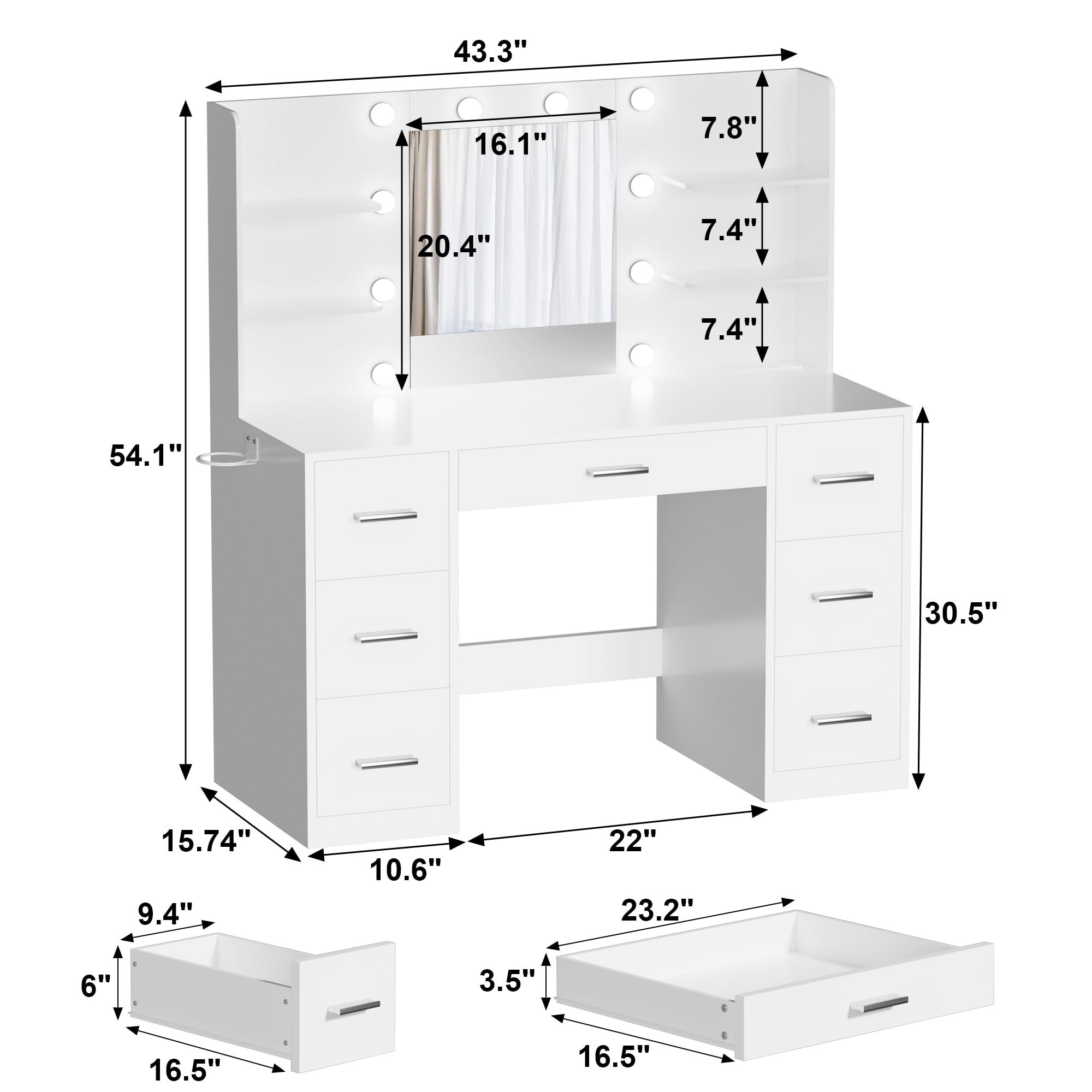 Acurax Vanity Desk with Mirror and 10 Lights, Makeup Table with 7 Drawers and Open Shelves, 3 Color Modes and Adjustable Brightness, Power Outlet for Bedroom, White