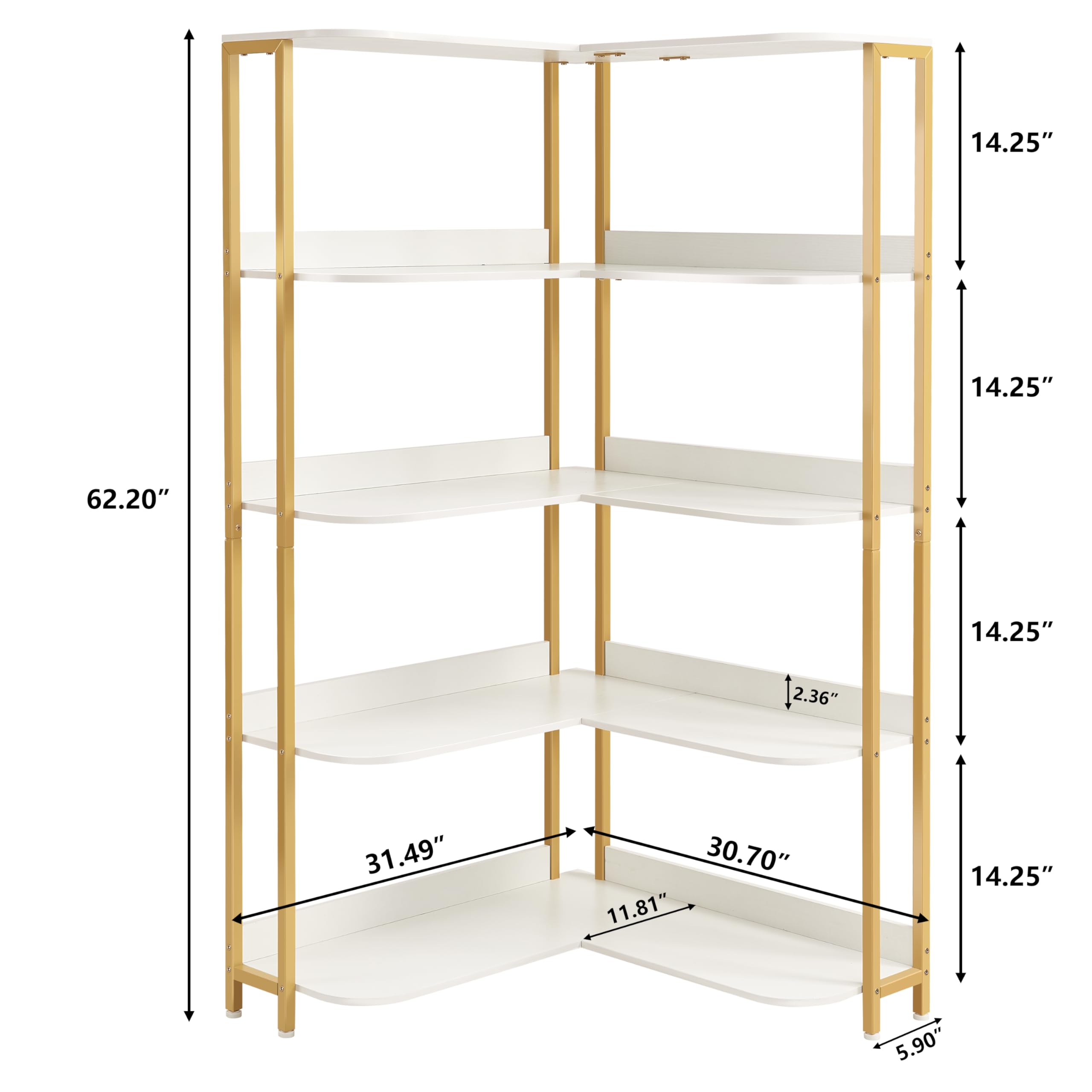 Alaxgumrol White L-Shaped Bookshelf, Modern Corner Bookshelf 5-Shelf Corner Bookcase for Display CDs Movies with Metal Frame Corner l Shelf Storage for Bedroom Living Room Home Office Kitchen