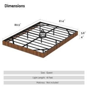 Tatub Walnut Queen Floating Bed Frame with LED Lights, Fluted Bed Frame Floating, Mid Century Modern Floating Platform Bed with Heavy Duty Metal Slats, No Box Spring Needed