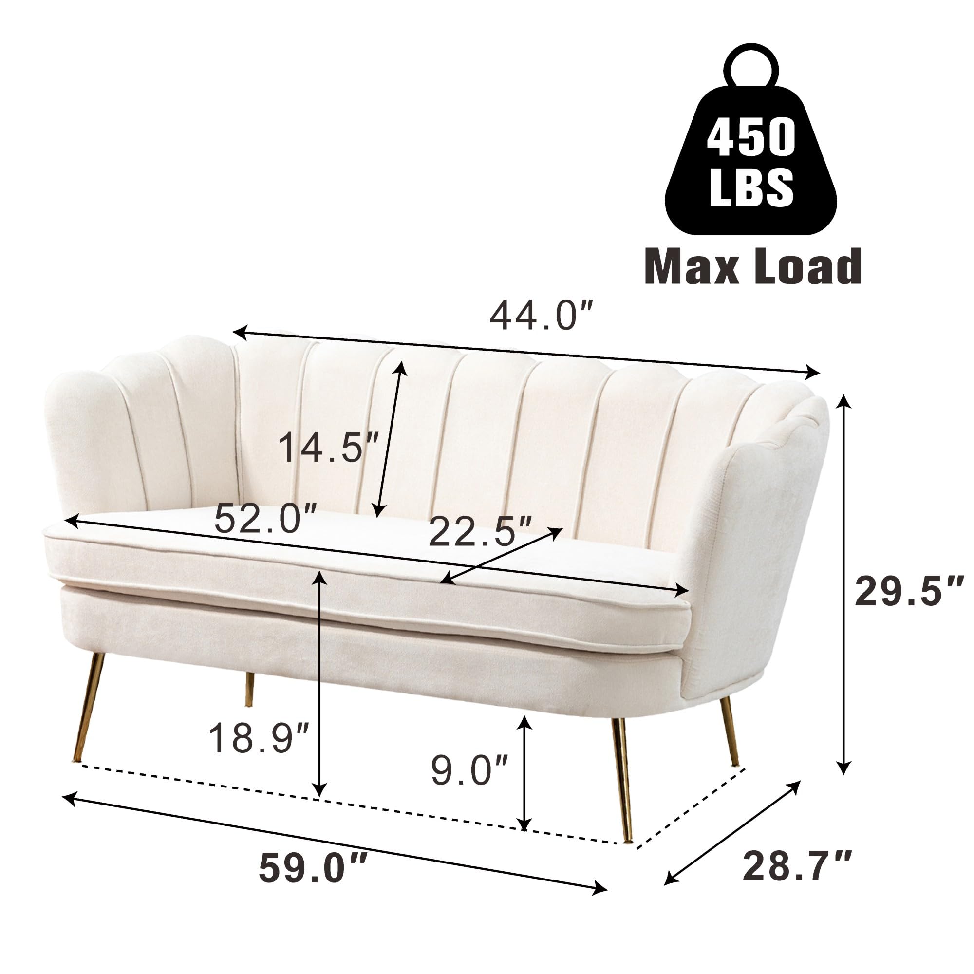 Sinzho & Wiyfun 59" W Upholstered Small Loveseat Sofa 2-Seat Couch Settee Love Seat with Gold Metal Legs for Small Space Mini Room, Chenille Fabric, Beige