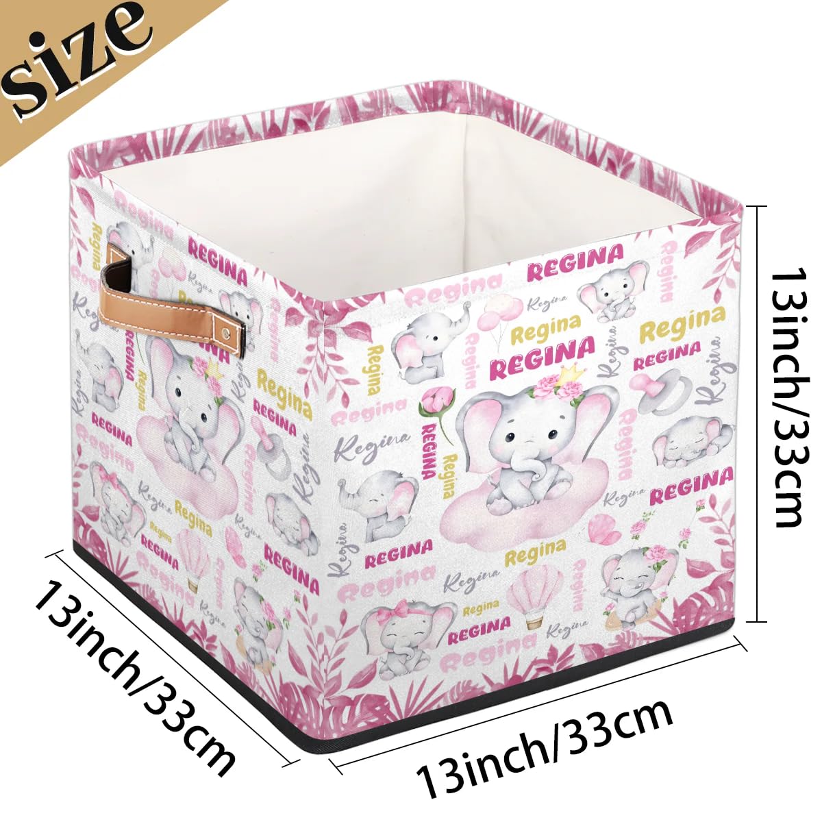 XIOBODR Personalized Storage Bin, Cute Elephant Clouds Text Pink Custom Name Storage Baskets for Organizing with Handles, 13 x 13 Inch Collapsible Storage Box for Closet Cloth Baskes Toy