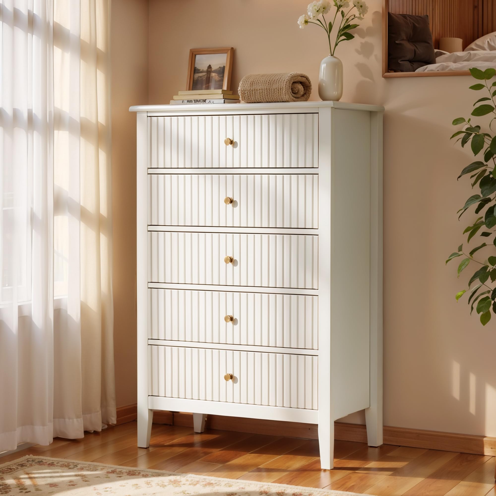 May in Color White Fluted 5 Drawer Dresser for Bedroom, Tall Chest of Drawers with Ball Bearing Slide, Waterproof Lacquered Desktop,Modern Wood Storage Cabinet for Living Room