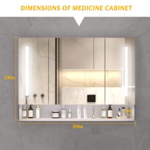 Medicine Cabinet with Mirror and Lights, Lighted Wall Mounted Bathroom Mirror with Storage, Dimmer,Defogger, Wall Mounted Cabinet for Bathroom Toilet Kitchen (39'' x 28'')