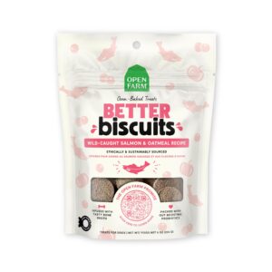 open farm better biscuits, oven baked dog treats with probiotics, wild-caught salmon & oatmeal recipe, 8oz pouch