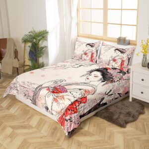 Feelyou Kids Japanese Geisha Bedding Set King Size Boys Girls Cherry Blossoms Comforter Cover Set Japanese Style Duvet Cover Japanese Tradition Aesthetic Bedspread Cover (No Comforter)