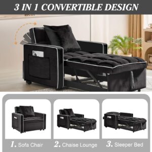 CAPCAEK 3 in 1 Single Convertible Sleeper Sofa Chair, 35.4" Pull Out Sofa Bed with Adjustable Backrest, Modern Chaise Lounge with Storage, Sleeper Chair Bed with Pillow for Living Room (2, Black)