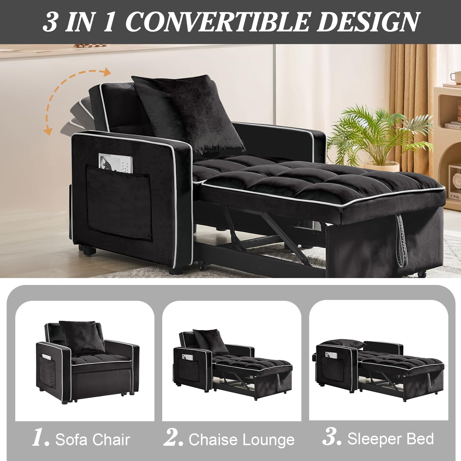 CAPCAEK 3 in 1 Single Convertible Sleeper Sofa Chair, 35.4" Pull Out Sofa Bed with Adjustable Backrest, Modern Chaise Lounge with Storage, Sleeper Chair Bed with Pillow for Living Room (2, Black)