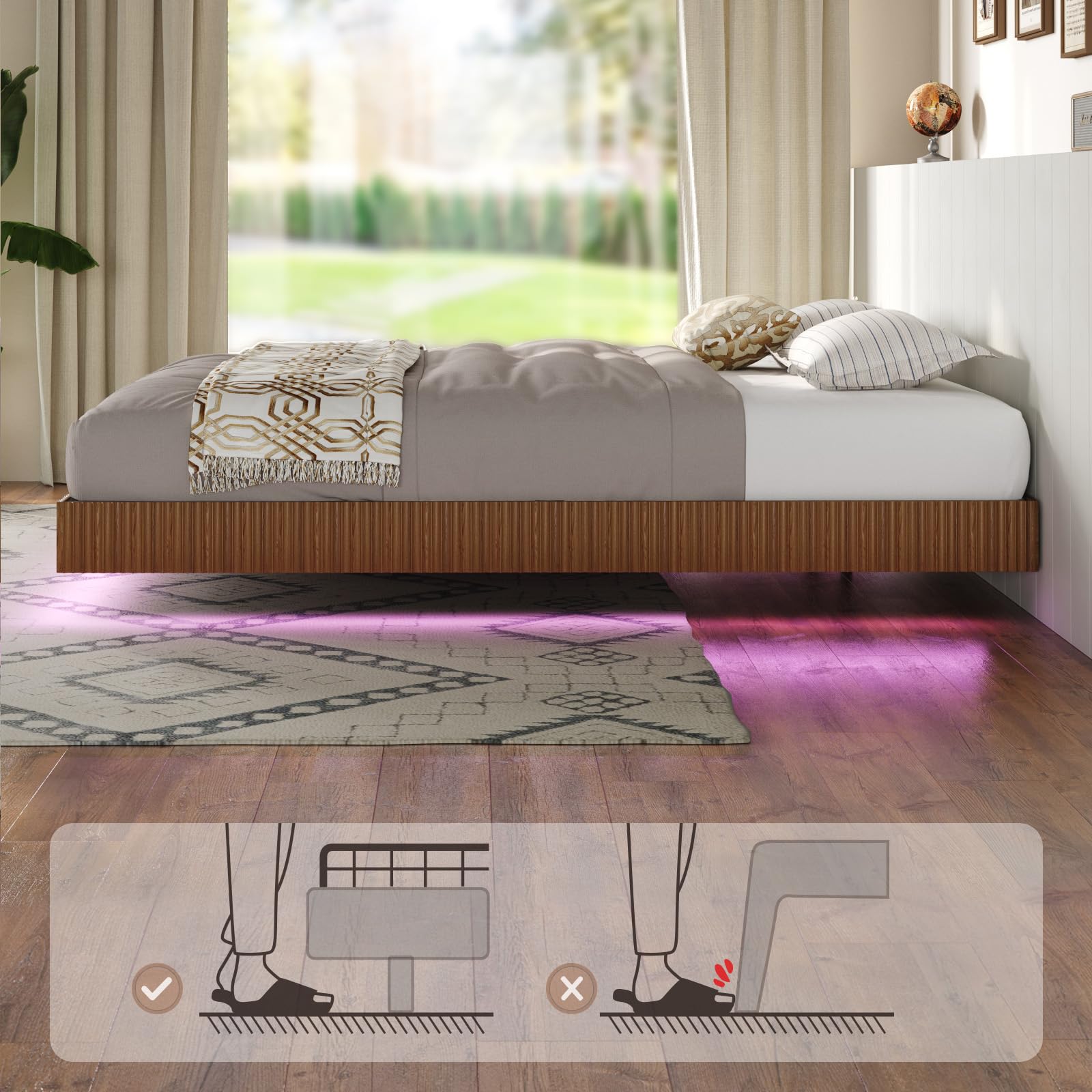 Tatub Walnut Queen Floating Bed Frame with LED Lights, Fluted Bed Frame Floating, Mid Century Modern Floating Platform Bed with Heavy Duty Metal Slats, No Box Spring Needed