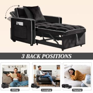 CAPCAEK 3 in 1 Single Convertible Sleeper Sofa Chair, 35.4" Pull Out Sofa Bed with Adjustable Backrest, Modern Chaise Lounge with Storage, Sleeper Chair Bed with Pillow for Living Room (2, Black)