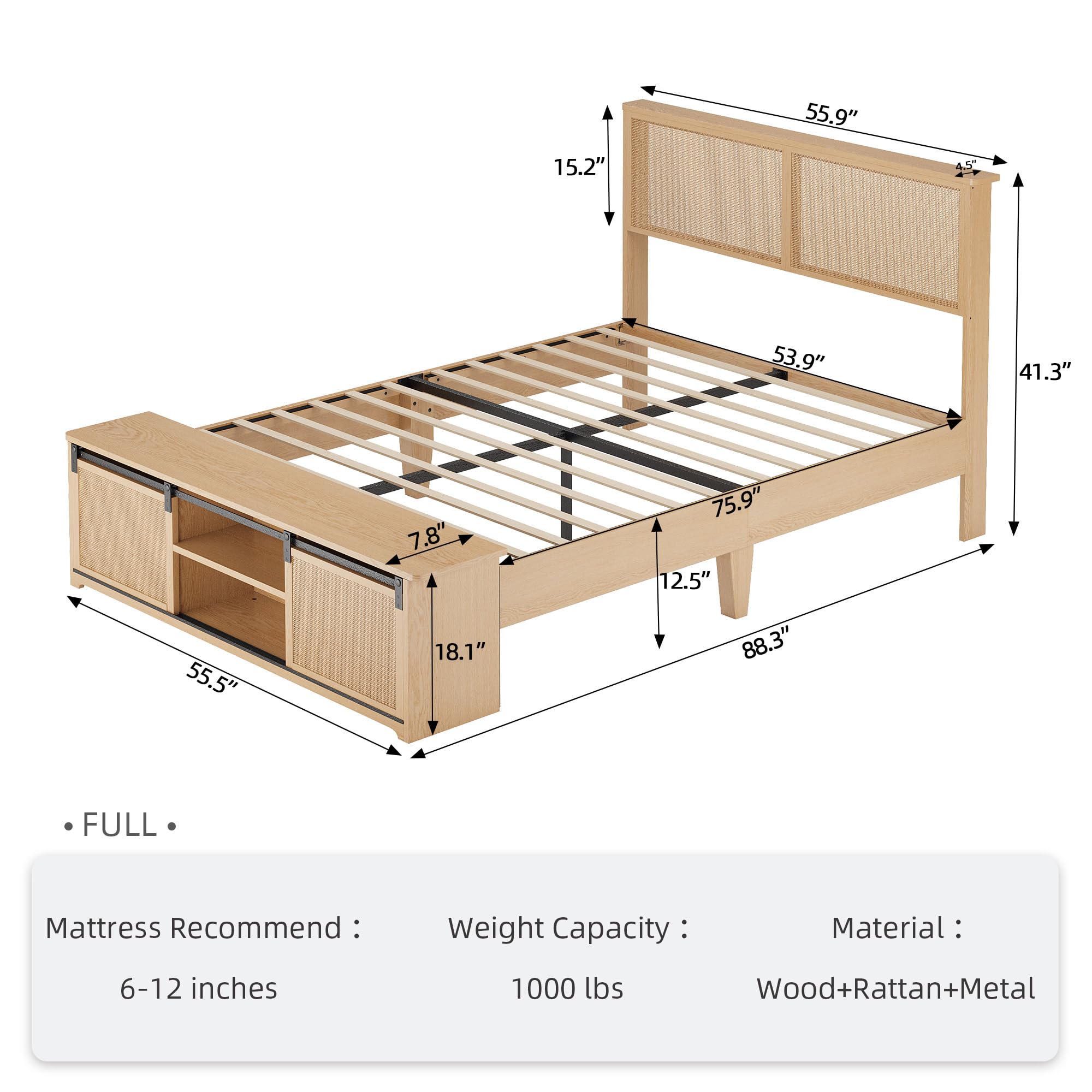 GarveeHome Natural Rattan Full Size Bed Frame with Sliding Barn Door Storage Cabinets and Headboard, Boho Farmhouse Wood Platform Bed with Solid Wood Legs Support, No Box Spring Needed