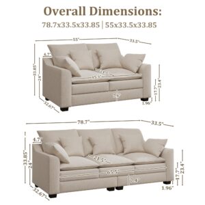 Dolonm Living Room Sectional Sofa Set, Modern Loveseat and Sofa with Double Layers Uphlostered Cushion and Sturdy Wooden Legs, Comfy 2 Pieces Home Sofa Set Living Room Beige Fluffy Couch