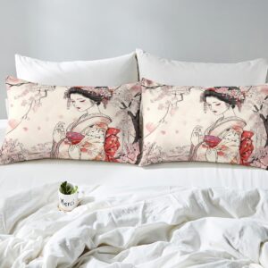 Feelyou Kids Japanese Geisha Bedding Set King Size Boys Girls Cherry Blossoms Comforter Cover Set Japanese Style Duvet Cover Japanese Tradition Aesthetic Bedspread Cover (No Comforter)