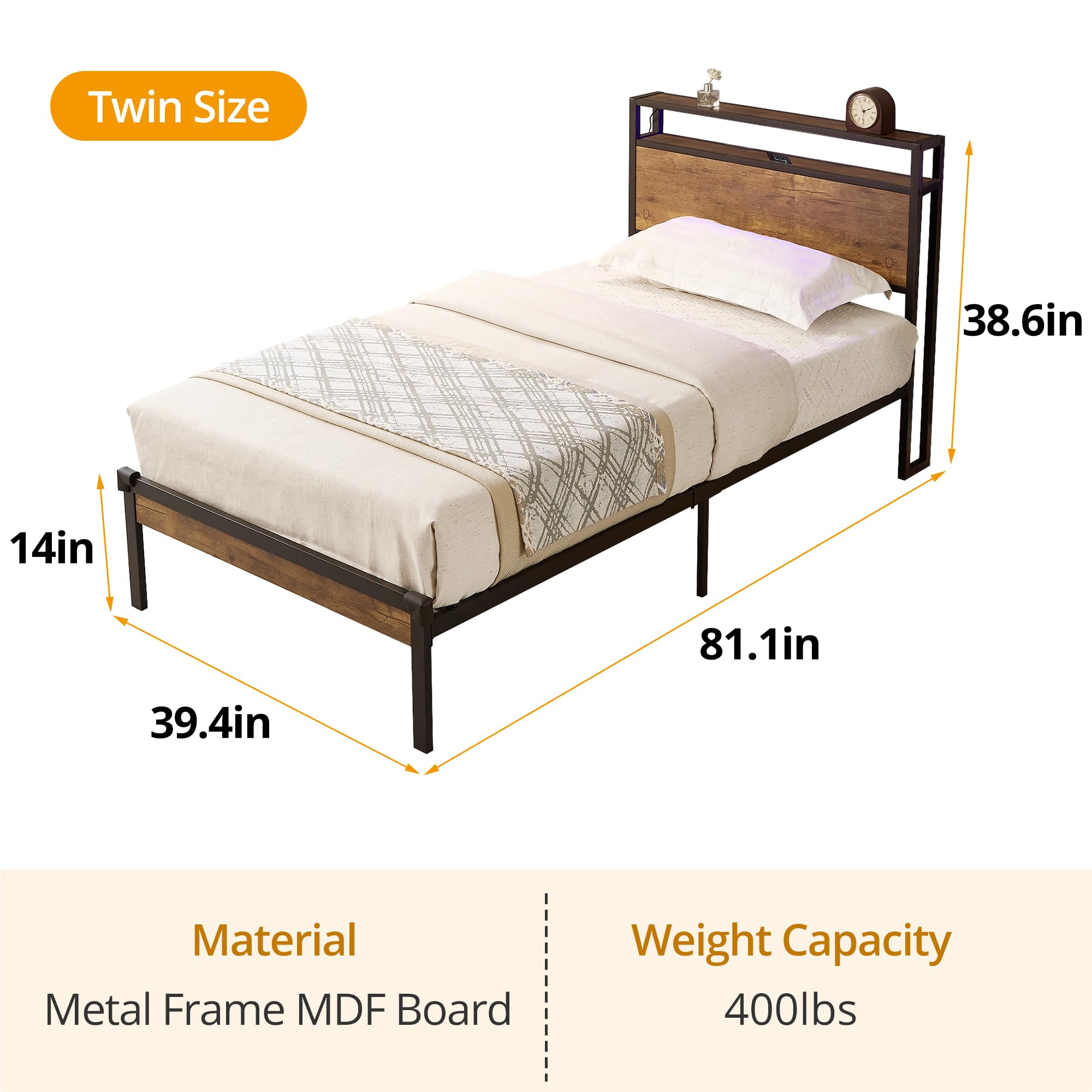 Twin Size Platform Bed, Modern Metal Bed Frame with Headboard, USB, LED Lights and Under-Bed Storage Space, Single Metal Bed Frame for Bedroom, Noise-Free, Easy to Clean