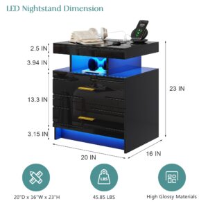 Lareth Smart Nightstand with LED Lights and Charging Station Wooden End Table with 2 Drawers High Glossy Bedside Cabinet Telephone Table for Bedroom Small Space, 20x16x23 inches, Black